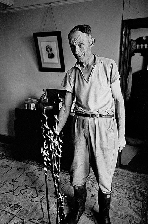 Gamekeeper with his handmade walking sticks, Wichenford Worcs  (1969)