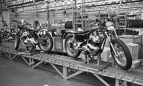 the primitive production line at Norton motorcycles Wolverhampton  (1976)