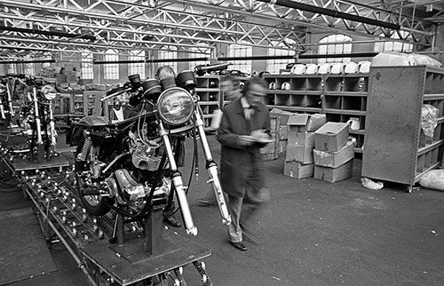 Unfinished motorcycles awaiting bodywork, Nortons