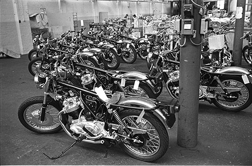Lines of unfinished Norton motorcycles, Wolverhampton  (1976)