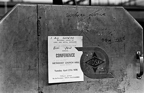 Union notice stuck on machine Josiah Parkes lock factory, Willenhall  (1976)