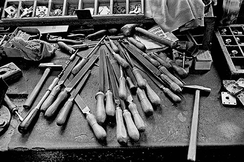 Workbench in lock repair workshop, Josiah Parkes Willenhall  (1976)