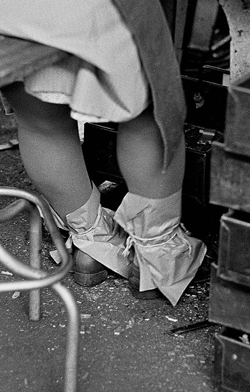 Protective ankle cuffs, assembly line Josiah Parkes lock factory Willenhall  (1976)