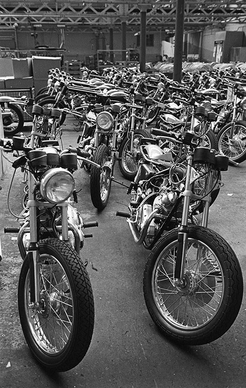 Lines of unfinished Norton motorcycles,  Wolverhampton  (1976)