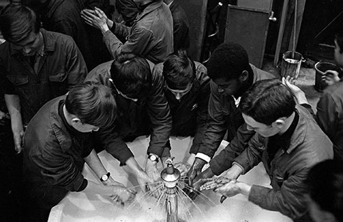 Apprentices cleaning up at lunchtime, GEC factory, Witton Birmingham  (1966)