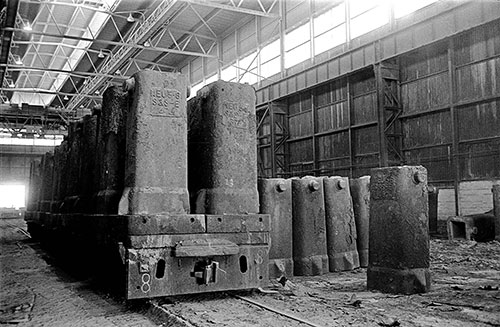 Steel moulds waiting for use at the steel furnaces, British Steel, Bilston  (1977)