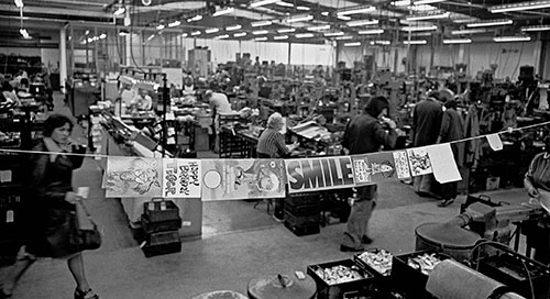 Birthday cards strung across the factory floor, Josiah Parkes lock factory, Willenhall  (1976)