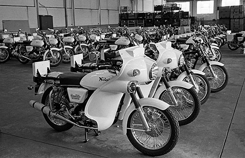 Norton Commandos ready to go, Wolverhampton  (1976)