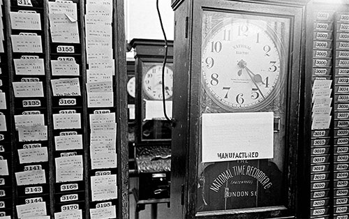 In the clocking in room, Josiah Parkes lock factory, Willenhall  (1976)