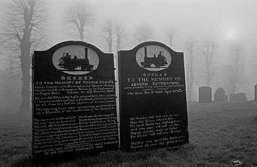 Tombstone and epitaph for railwaymen killed in one of the first accidents, St John's churchyard Bromsgrove  (1966)