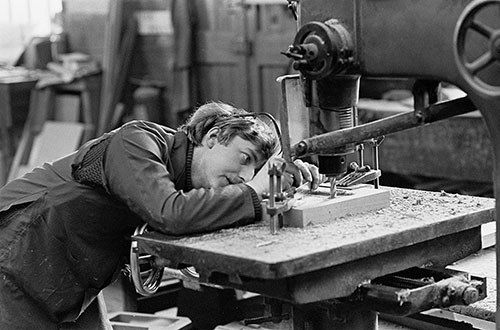 Adjusting a drill, pattern making shop, Lee Howl pump factory Tipton  (1978)