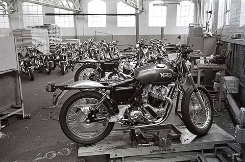 desolate storage area with unfinished motorcycles, Nortons Wolverhampton  (1976)